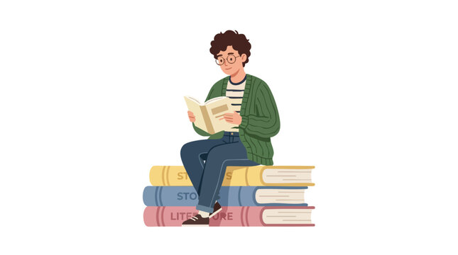 Young man with glasses sitting on a stack of books reading illustration