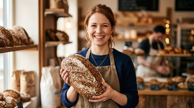 Smiling baker holding a loaf of bread in bakery