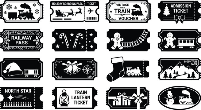 Black and white christmas train ticket designs