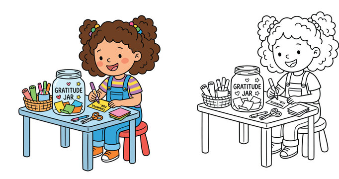 Cute cartoon girl writing thankful notes for a gratitude jar