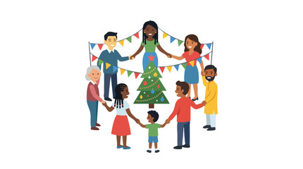 Fototapeta premium Diverse group of people holding hands around a Christmas tree