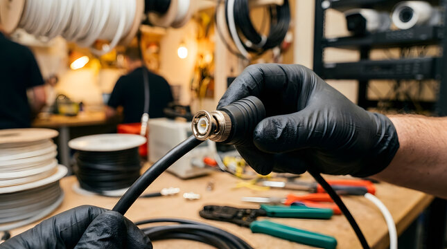professional cctv installation services|security camera cable bnc connector assembly|technician working with coaxial video cables|hand holding surveillance system hardware