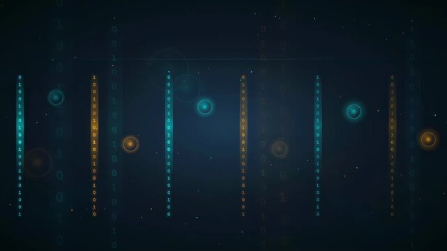 Abstract digital data stream with glowing blue and gold binary code particles on dark background