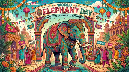 Fototapeta premium World Elephant Day Decorative Elephant Vector Illustration Inspired by Asian Art