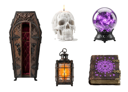 Gothic Coffin, Skull Candle, Crystal Ball, Grimoire and Lantern for Occult Rituals. 3D Fantasy Occult Objects Elements Set