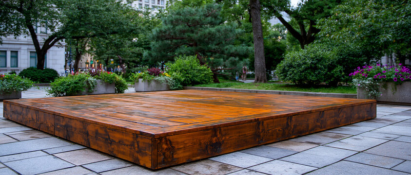 A square wooden stage is in the middle of park , green forest is background.