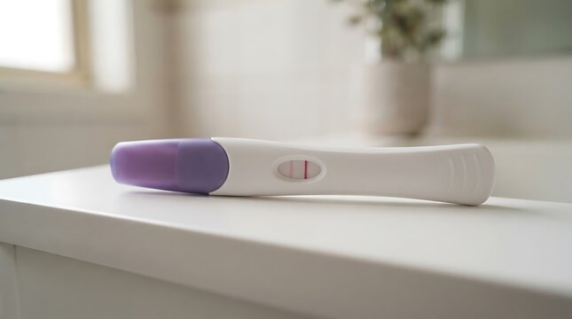 Positive pregnancy test with two red lines on bathroom counter, plastic ovulation test kit showing pregnancy result, fertility and motherhood concept