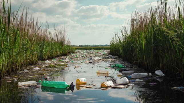 Plastic bottles and household garbage littering a beautiful natural marsh area, water pollution concept