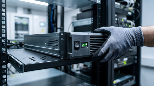 IT technician installing rack mounted UPS unit | data center maintenance and power management | server room hardware installation | uninterruptible power supply for network racks