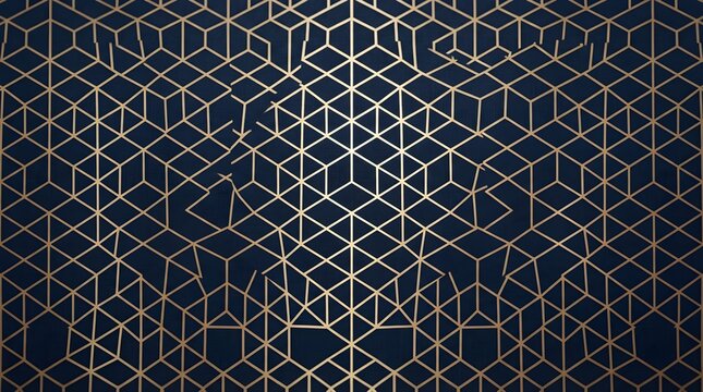  Intricate gold and white wireframe cube lattice on a dark navy background, forming a seamless isometric geometric grid with luminous outlined blocks and an elegant futuristic architectural wallpaper 