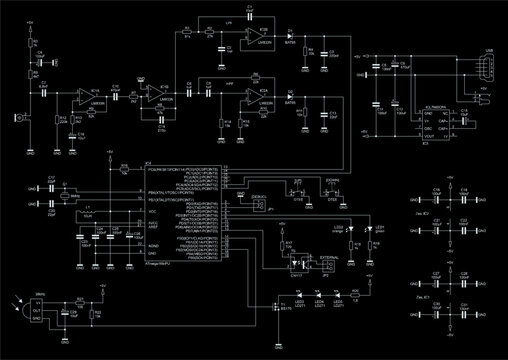 Schematic diagram of electronic device on sheet of paper. Vector drawing electrical circuit with microcontroller, usb connector, operational amplifier, microphone, photodiode, capacitor, resistor, led