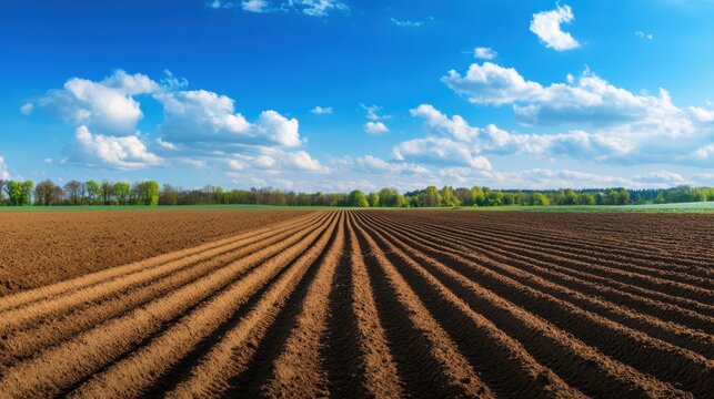 Symmetrical perspective rows of a freshly plowed agricultural field under a blue sky with clouds