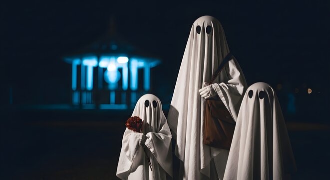 Happy halloween three ghosts trick or treating at night with blue building lights
