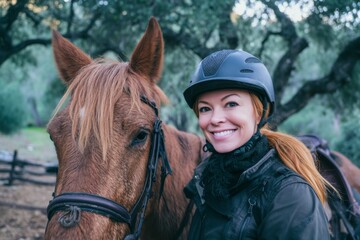 Fototapeta premium A smiling woman in a riding helmet poses beside a brown horse in a beautiful forest setting showcasing the joy of horseback riding outdoors with nature. Generative AI