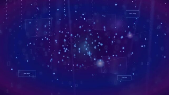 Abstract digital data stream with binary code and floating interface elements in deep blue space