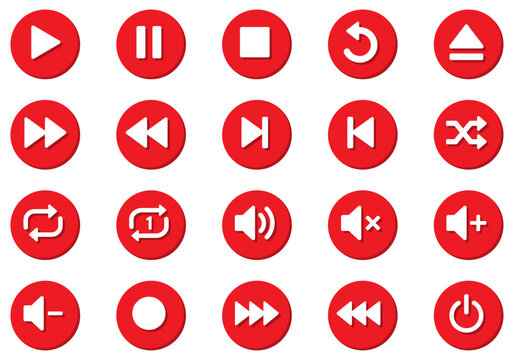 Modern red media player control button icon collection. Includes play, pause, stop, next, previous, repeat, shuffle, volume and power symbols. Perfect for mobile apps and website. Vector illustration.