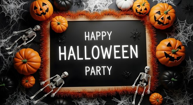 Happy halloween party decorations with pumpkins and skeletons