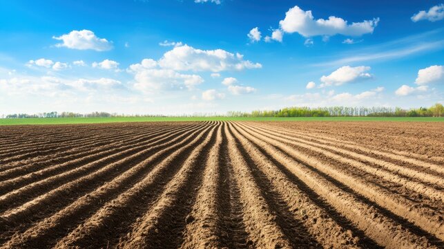 Symmetrical perspective rows of a freshly plowed agricultural field under a blue sky with clouds