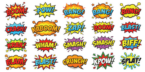 Set of colorful comic book speech bubbles with sound effects like boom pow bang zap smash and crunch in art © AuraGraphics