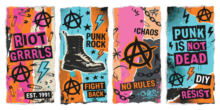 Set of four punk rock style posters with anarchy symbols boots and colorful graffiti art on paper texture