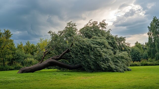 Large old tree fallen on the green grass lawn in a public park after a severe storm