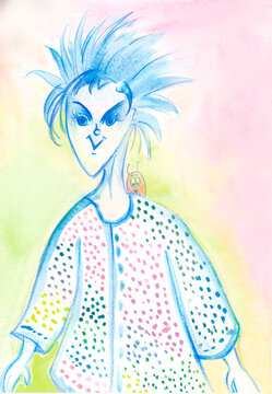 Cartoon illustration with strange blue hair's gue