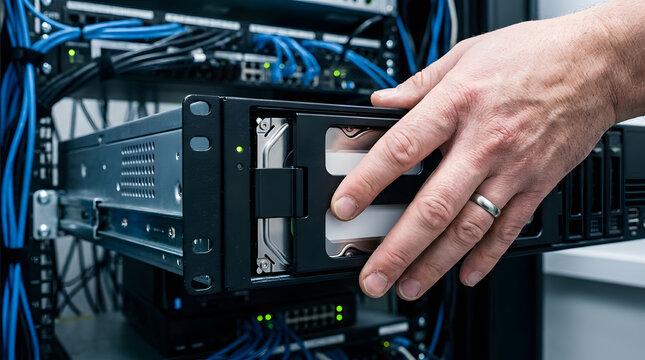 IT technician installing hard drive in server rack | surveillance DVR storage upgrade | data center hardware replacement | network engineer managing enterprise storage