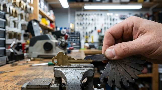 professional locksmith using key decoder | measuring brass key depth with gauge | locksmith workshop tools and equipment | manual key duplication process