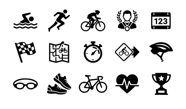 Minimalist Black Triathlon Sports Icons Set with Swimming Running Cycling and Race Equipment