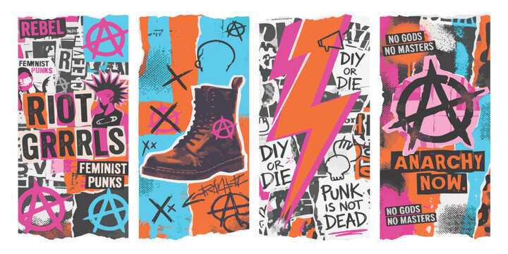 Punk rock music poster set with anarchy symbols boots lightning and vibrant colorful retro collage art style