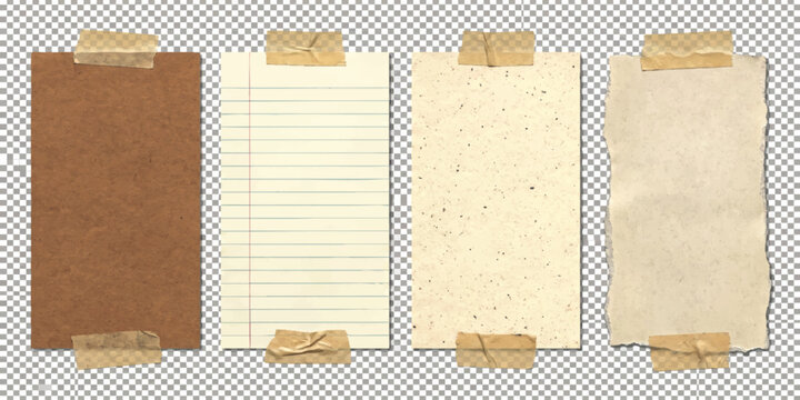 Set of four different textured paper sheets attached with brown adhesive tape for notes and memo messages