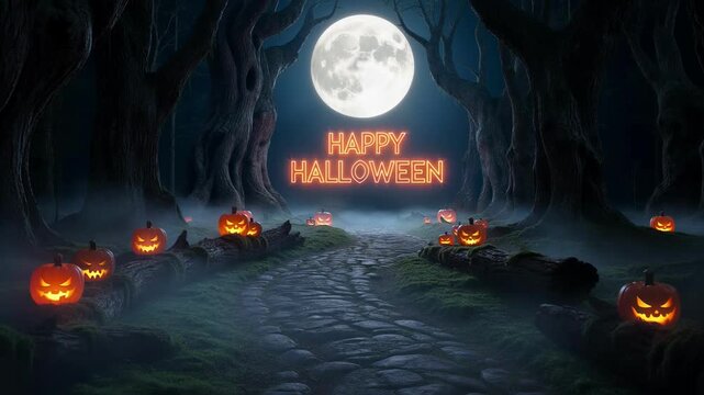 Happy halloween neon sign in a spooky foggy forest with jackolanterns