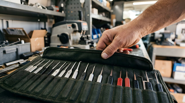 Professional locksmith tool kit organizer | Lock picking set in canvas roll | Mobile locksmith workshop interior | Hand selecting lockpick tools