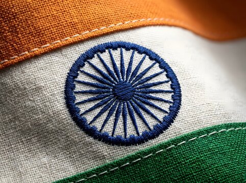 Close up view of the indian national flag showing the blue wheel symbol