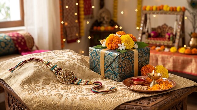 Raksha bandhan celebration gift rakhi and traditional indian sweets display
