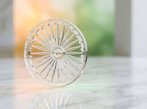 Shiny silver metal wheel with many spokes standing on a smooth surface