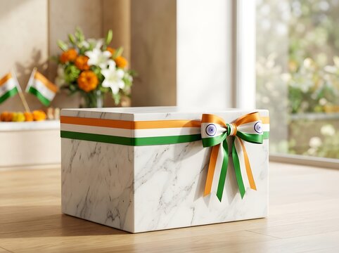 Gift box decorated with india flag colors ribbon on a wooden table