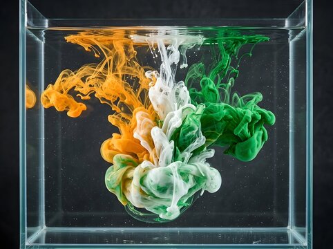 Orange white and green ink clouds mixing in clear water inside glass tank