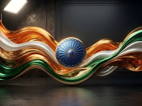 Abstract indian flag colors with shiny metallic ashoka chakra wheel