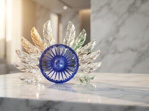 A round blue wheel with decorative feathers on a rustic wooden table