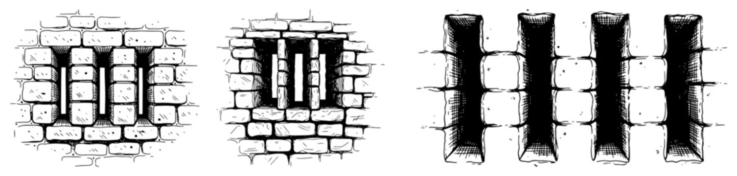 Prison Cell Windows with Iron Bars in Stone Brick Wall, Vintage Jail Engraving Illustration Set