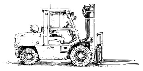 Industrial Forklift Truck for Warehouse Logistics, Vintage Hand Drawn Ink Sketch of Lift Truck Equipment © JakubVectorSketch