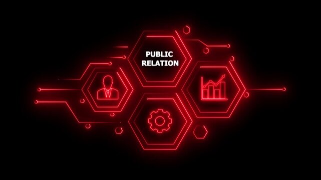 Abstract neon Hud knowledge ability business gear icon Glowing neon line concept. Glowing " PUBLIC RELATION " button in German on a futuristic, abstract wave technology on black background. 4K video