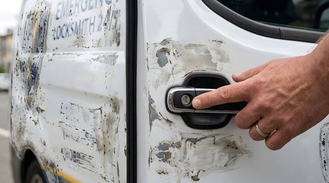 Hand pressing car door lock button | Emergency locksmith service van handle | Damaged white commercial vehicle door | Locked van door close up