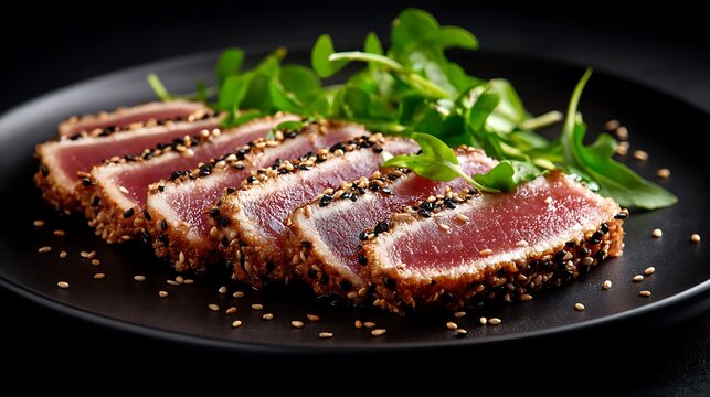 Fresh seared ahi tuna slices crusted with black and white sesame seeds. Gourmet Japanese cuisine perfect for fine.