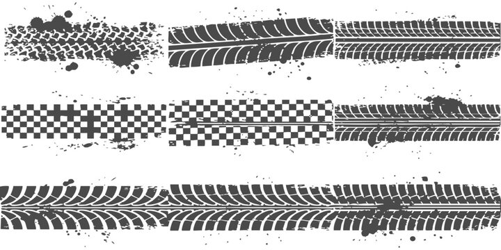 Set of black tire tracks and checkered flag patterns for racing design elements on a flat surface texture