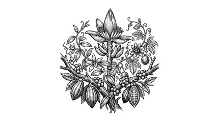 Fototapeta premium Detailed vintage style botanical illustration featuring cacao pods and banana plant elements in black and white.