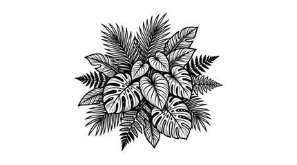 Black and white hand drawn illustration of tropical monstera and palm leaves bouquet. © Kopi
