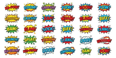 Fotobehang Pop Art Set of colorful comic book speech bubbles with funny sound effects and action words for pop art illustration  © AuraGraphics