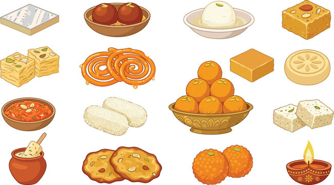 Traditional Indian sweets mithai vector illustration icon set featuring laddu gulab jamun jalebi kaju katli barfi peda halwa and diwali diya